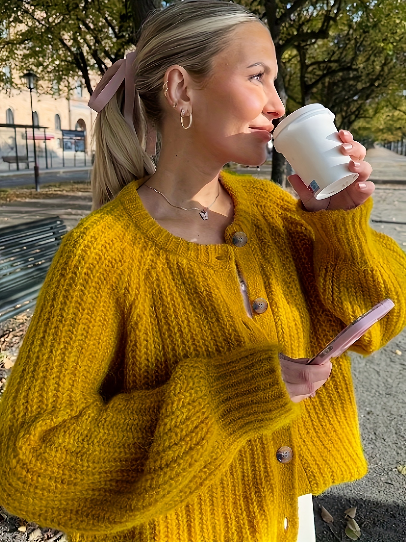 Women'S Cozy Mustard Yellow Cardigan Casual Long Sleeve Button-Up Sweater  with Pockets Fall Winter, Versatile Fashion Outerwear, Sweater