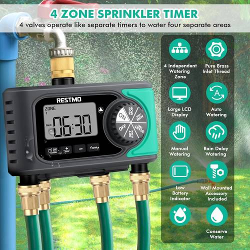 4 outlet sprinkler timer with brass inlet 4 zone programmable water timer for garden hose automatic manual on off rain delay for outdoor faucet drip irrigation and lawn