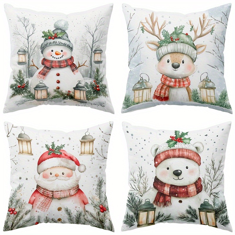 

4pcs Christmas Pillowcase Set - 18x18 , Snowman & , Zippered , Washable For Sofa And Bed Decor (inserts Not Included)