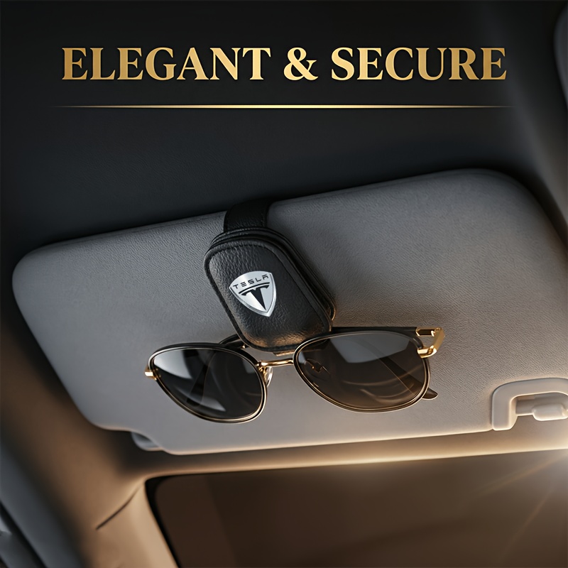 TEMU 1pc Clip de lunettes de soleil pour voiture avec impression du logo TESLA 2D, visière de soleil, clip de rangement de cartes multifonctionnel en