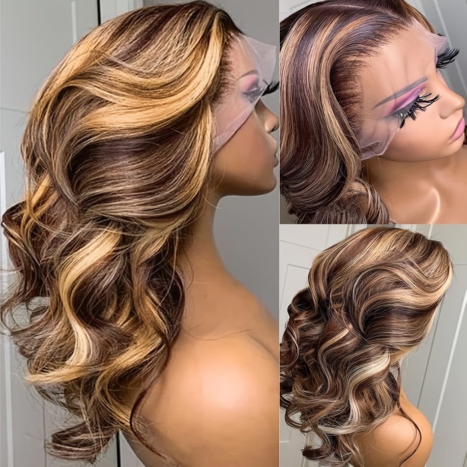 Image of 4/27 High Gloss Lace Front Wig Human Hair 13x6 Body Wave Front Wig With Baby Hair 250% Density Gradient Brown & Honey Blonde Human Hair Wig Christmas Gift - Good , Suggested To Use