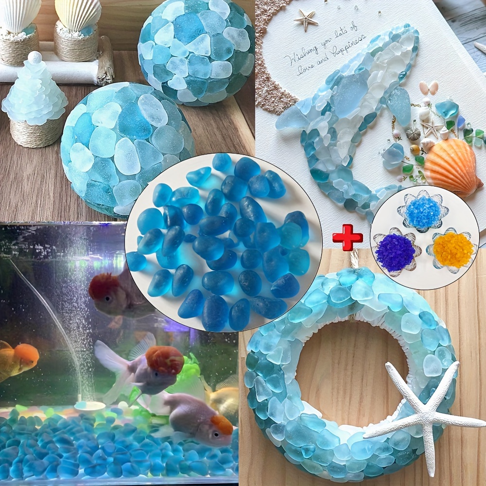 

1pc Sea Pebbles, Mixed Size Frosted Glass Stones, Blue & Assorted Colors For Diy Crafts, Mosaic, Vase Filler, Aquarium Decor, Fairy Gardens With Bonus Glass Sand