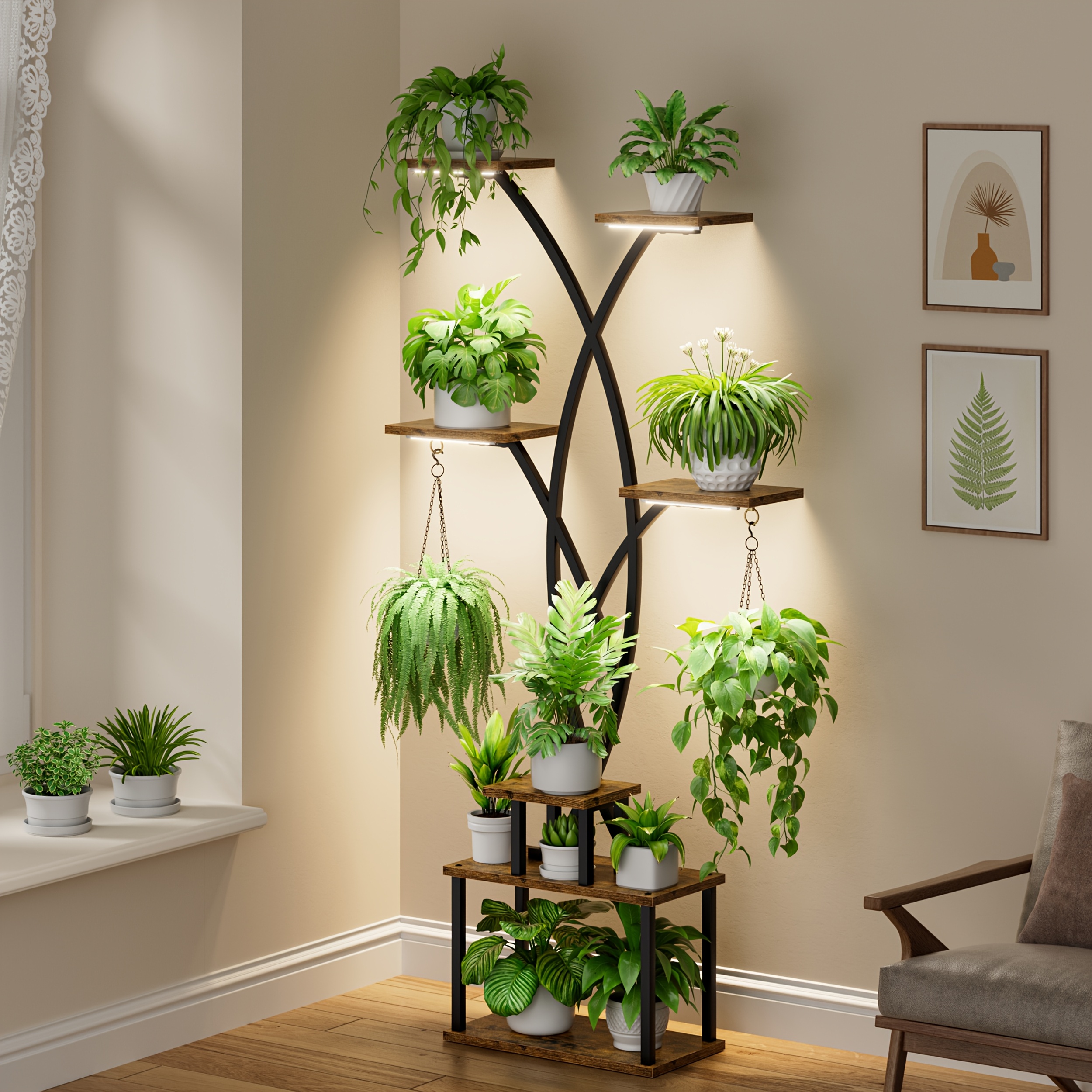 TEMU 1pc Indoor Plant Stand With Grow Lights, 7-tier Corner Tall Display Stand 66" Multi-functional Metal Display Shelf For Plants Tree-shaped Plant