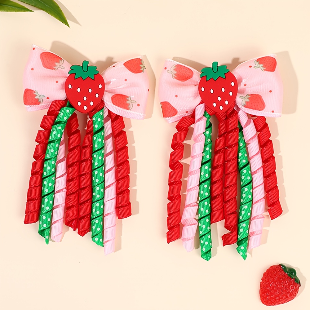 TEMU 2pcs Barrettes Mignonnes Fraise Nœud Ruban Gingham Rose en Polyester avec Pompons Bouclés, Accessoires de Cheveux Thème Fruits Doux pour Femmes,