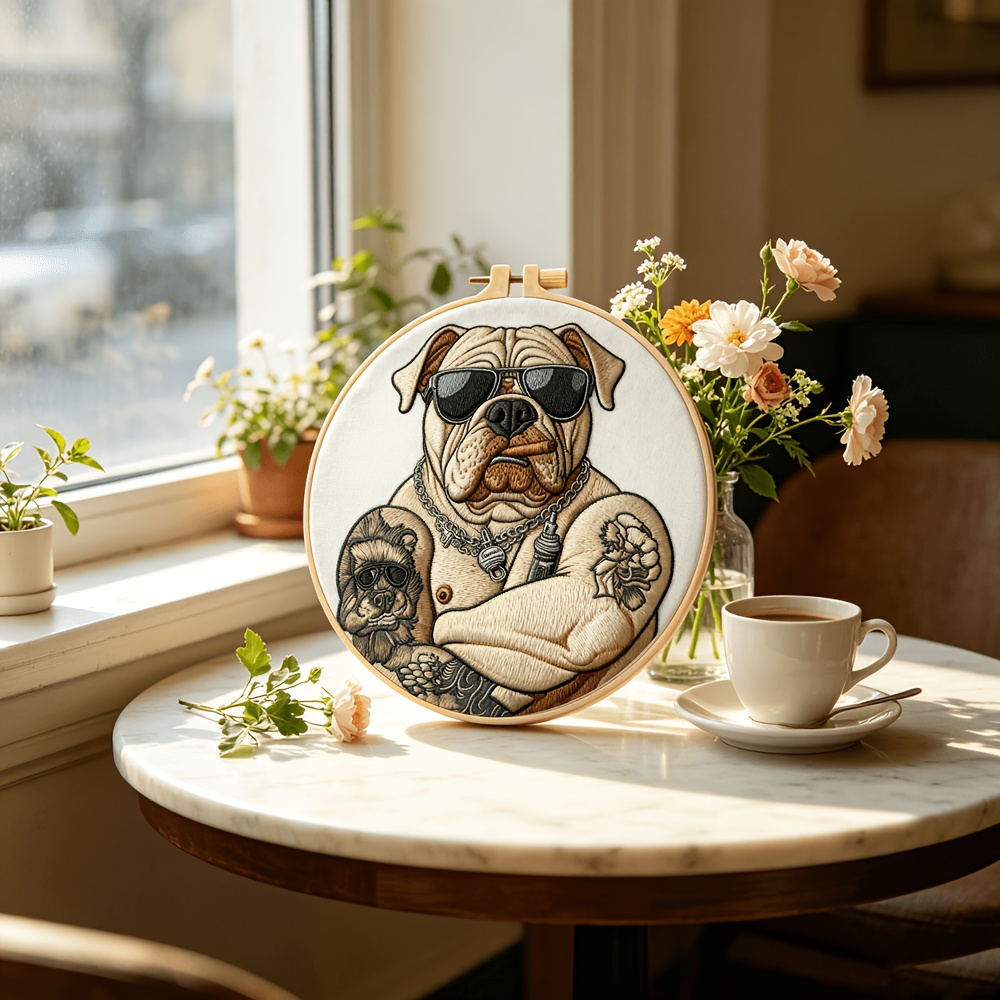 Complete DIY Bulldog Tattoo Embroidery Kit for Beginners