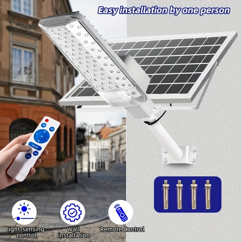 Outdoor super bright curved design solar lamp, 6000mAh battery, light source sensor, can be controlled remotely, equipped with remote control, suitable for courtyards, roads, and outdoor parking lots.