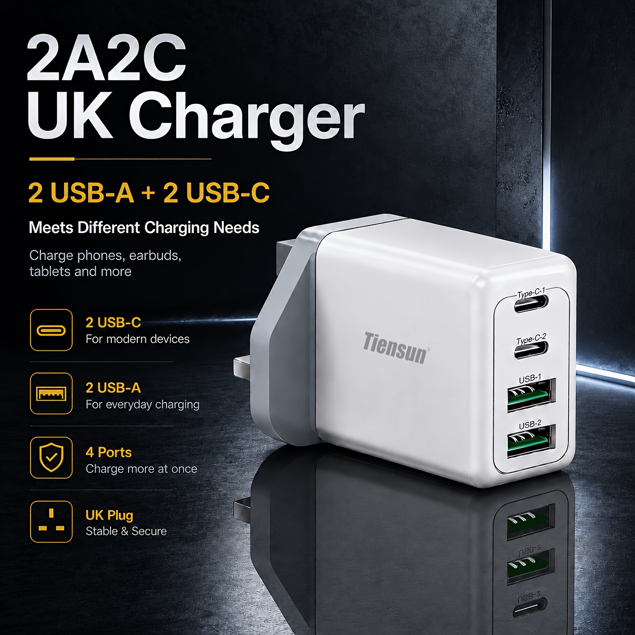 2A2C UK Plug Multi 4 USB Ports Smart Charging Block