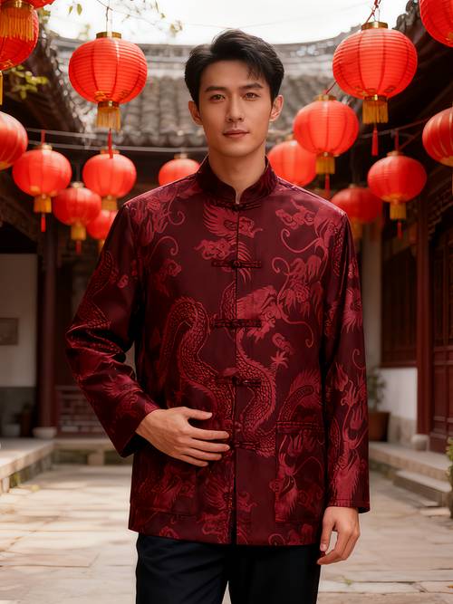 elegant style 1pc mens traditional chinese tang suit red jacket with dragon pattern embroidery collar button up long sleeve outerwear suitable for parties and spring festival celebrations chinese size please check