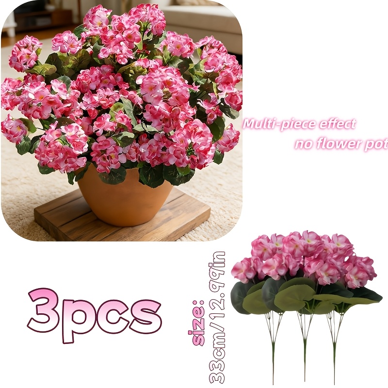 Image of 3pcs Artificial Geranium Fake Flowers Outdoor Decor, Pink Geranium Uv-resistant Faux Plants Suitable For Front Door, Garden, Porch, Flower Pots, Terrace, Balcony, Yard, And Indoor Home Decor