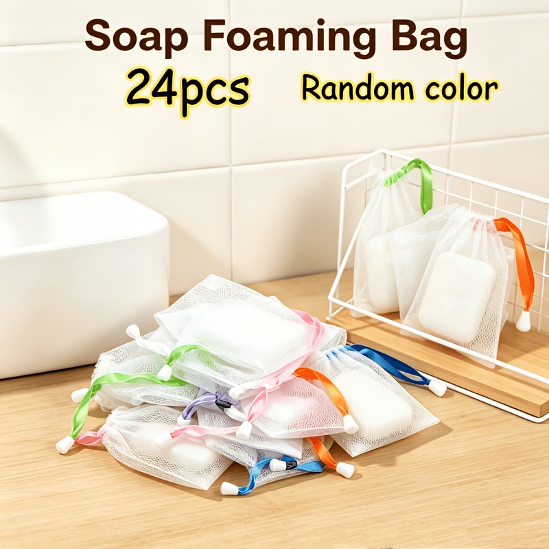 TEMU 24pcs Sacs à Savon Mousse, Couleurs Aléatoires Filets à Mousse Suspendus, Sacs de Rangement pour Savon de Bain et Visage, Multi-Couches pour