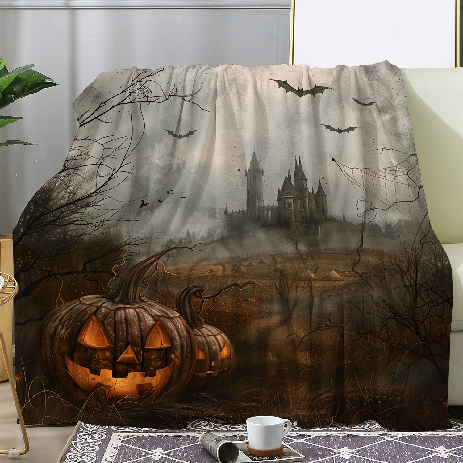 

Vintage Halloween Horror Pumpkin Castle Bat Print Flannel Blanket - Warm, Comfortable, Soft For Sofa, Bed, Couch, Car, Office, Camping, Travel - All-season Gift Blanket, 1pc