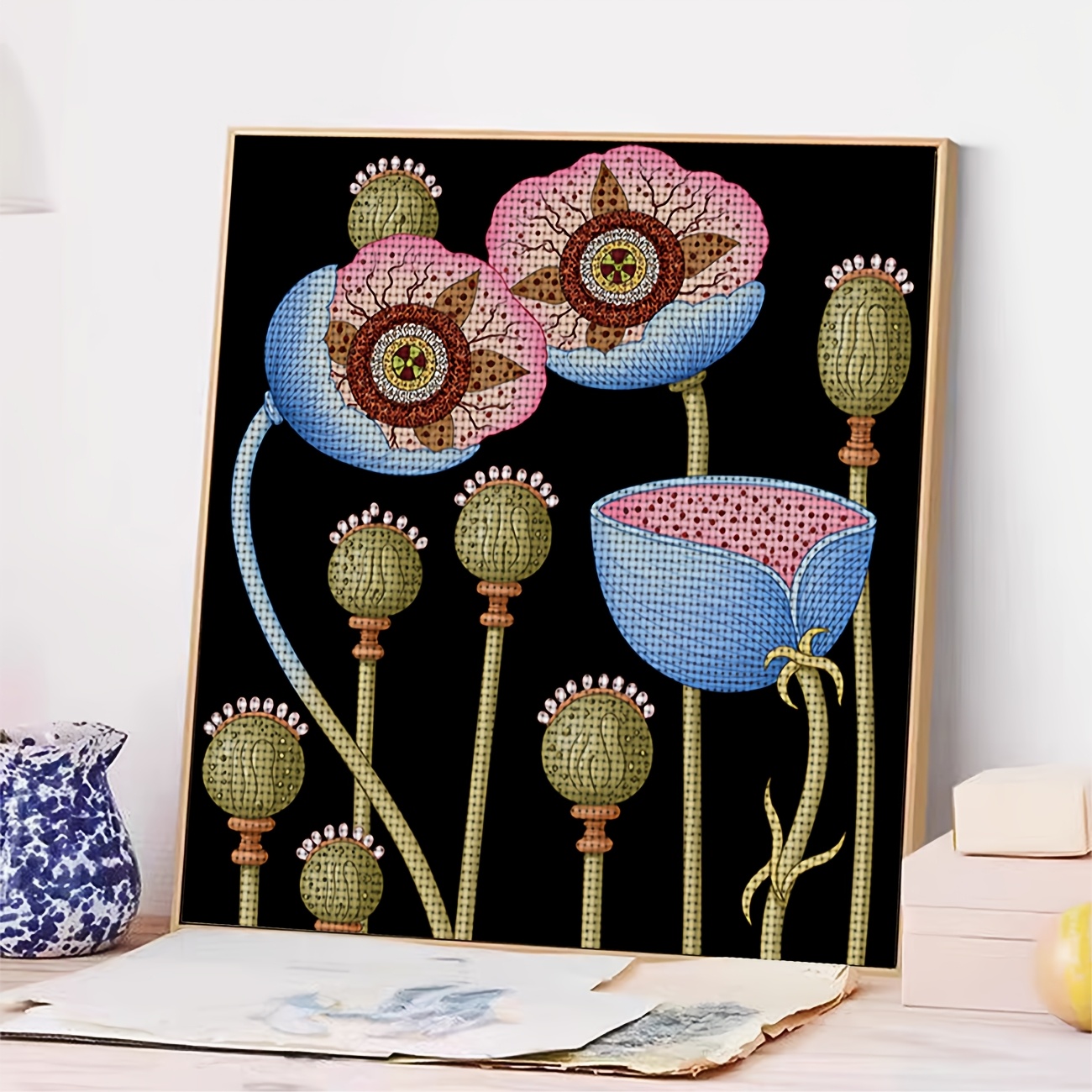 DIY Cross-Stitch Printed Kit with Pink and Blue Flowers for Beginners