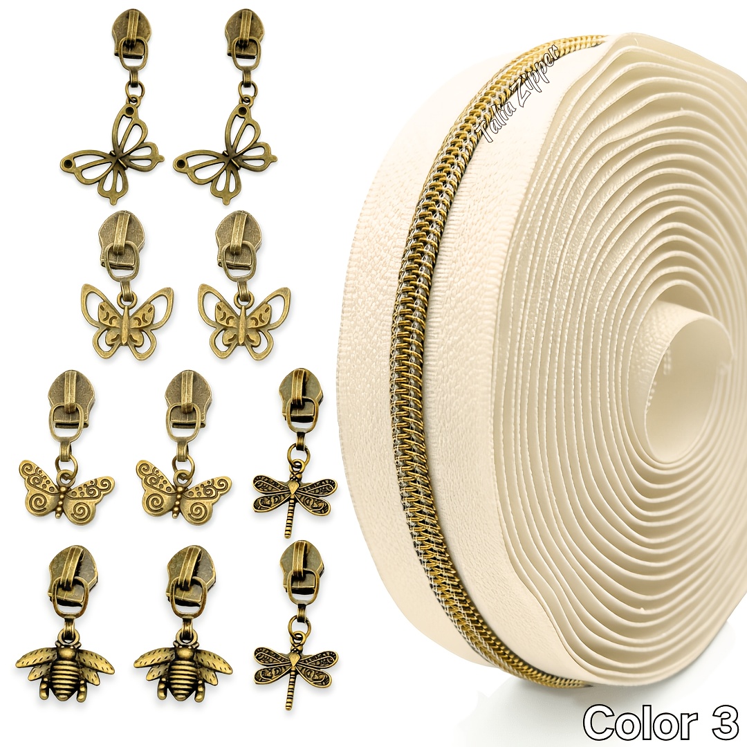TEMU de cremallera de nailon color con 10 tiradores de cremallera de insectos, , , ideal para la confección de bolsos, bolsillos, ropa, carteras,