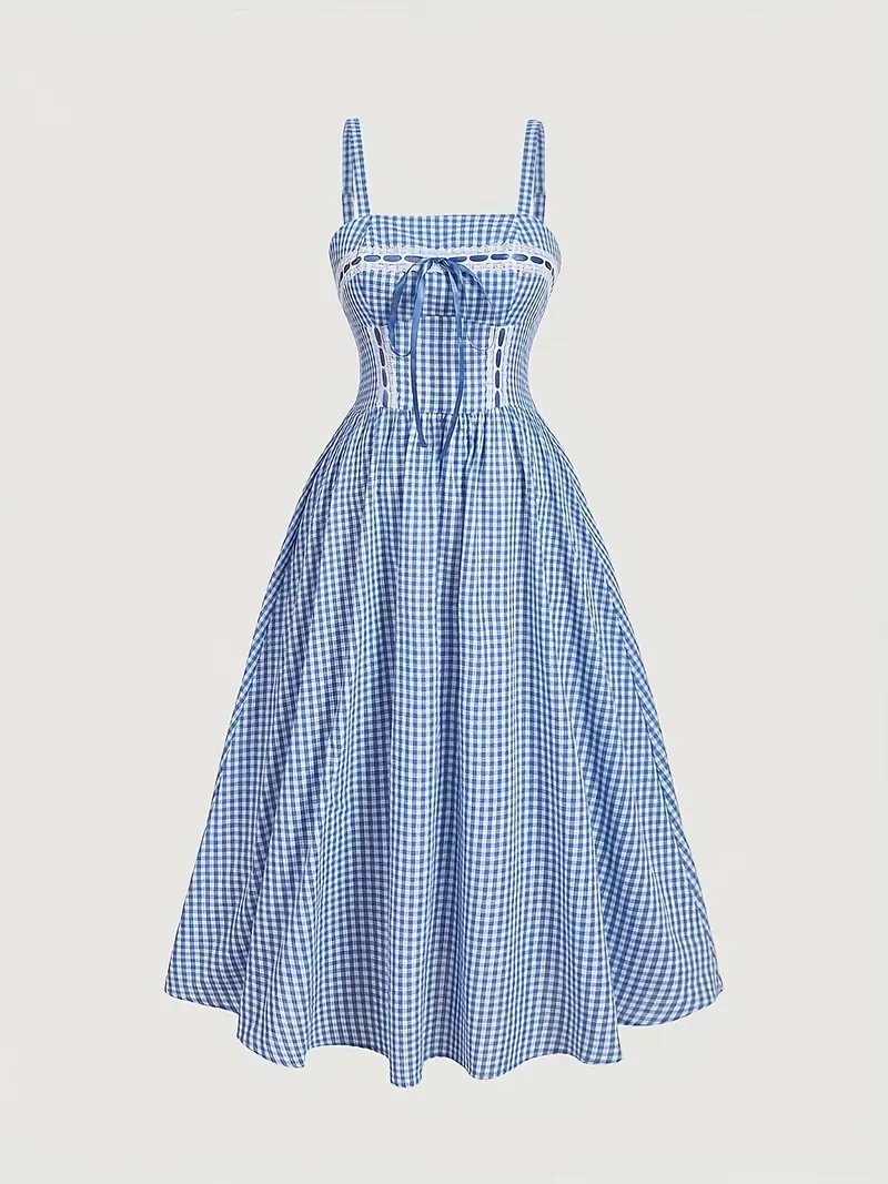 Plus Size - Plus Size - Plus Size Women'S Summer Long Blue Plaid Dress Suitable for Women'S Large Size Summer Long Midi with Square Neck, Decorated wi Plus Size - Plus Size - Plus Size Women'S Summer Long Blue Plaid Dress Suitable for Women'S Large Size Summer Long Midi with Square Neck, Decorated wi
