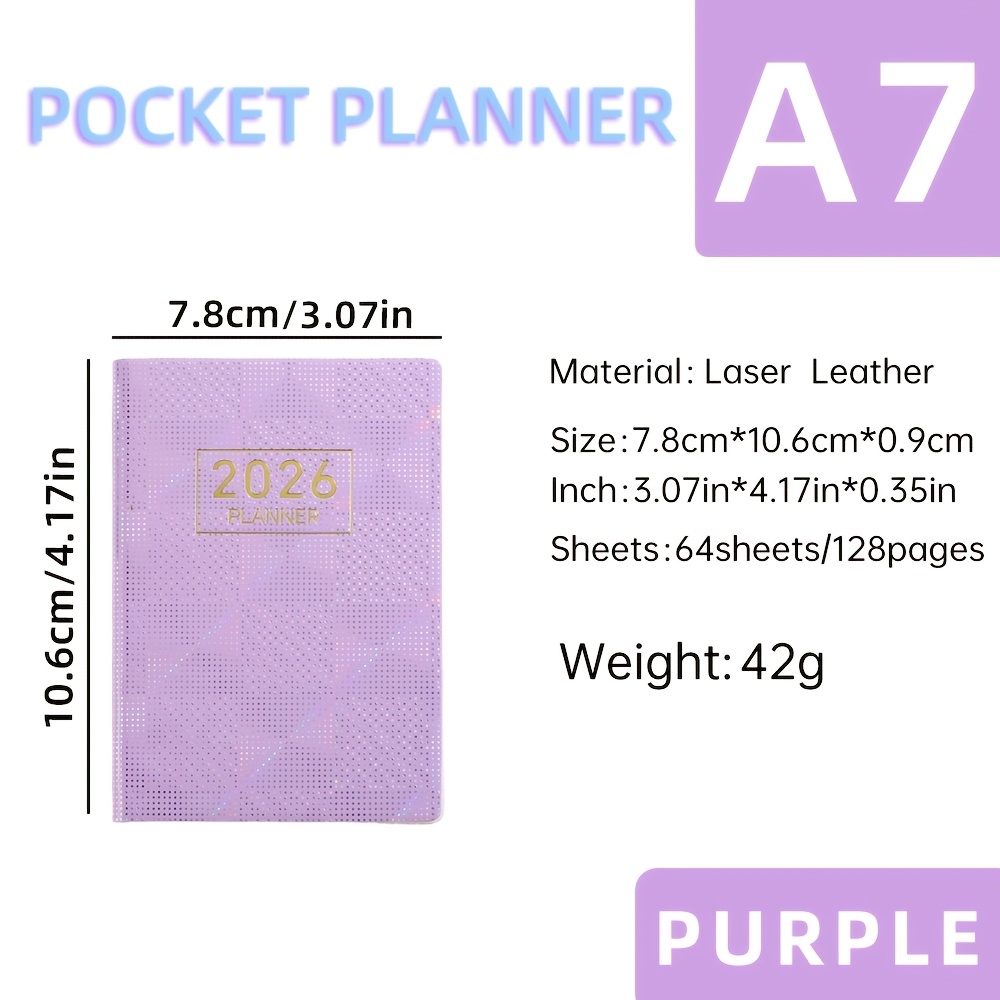 A7 Specification 2026 , Slim Weekly Planner, Starlight Pocket Notebook, Daily Planner With Colorful Laser Cover, A7 Size: 3.07in X 4.17in