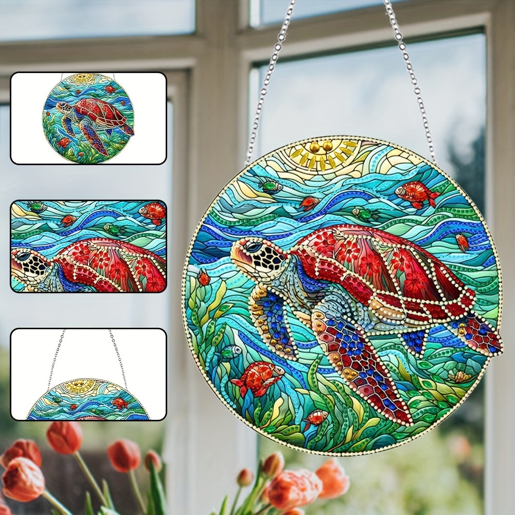 

Animal Theme Diamond Painting Kit - Irregular Shaped Acrylic Turtle Sun Catcher Wall Art Decor - 9.84 Inch Double-sided Colorful Faux Stained Glass Hanging Ornament