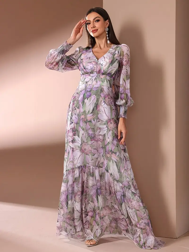 womens floral print long sleeve v neck elegant long dress - Temu womens floral print long sleeve v neck elegant long dress - Temu