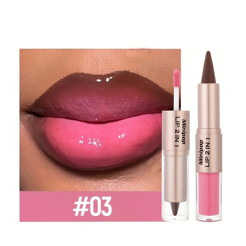 2-in-1 Dual-ended Lip Gloss And Lipstick - Long-lasting Formula, Waterproof Matte And Glossy End, Berry Tones, Non-slip Light Beige Shades