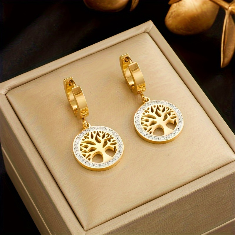 

Elegant Tree Of Earrings For Women - 18k Golden Plated Stainless Steel With Zirconia Inlay, Dangle Earrings For Daily Wear