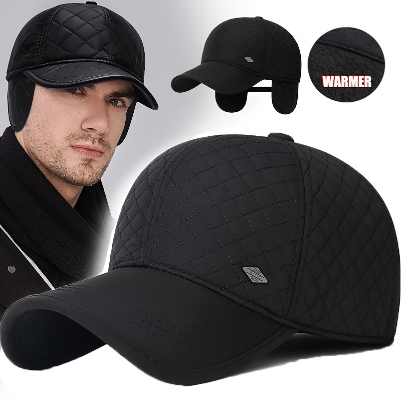 

Men's Winter Ear-warming Baseball Cap With Embroidered Design - Thick Fleece Lined, Adjustable For Outdoor Activities & Cycling, Black