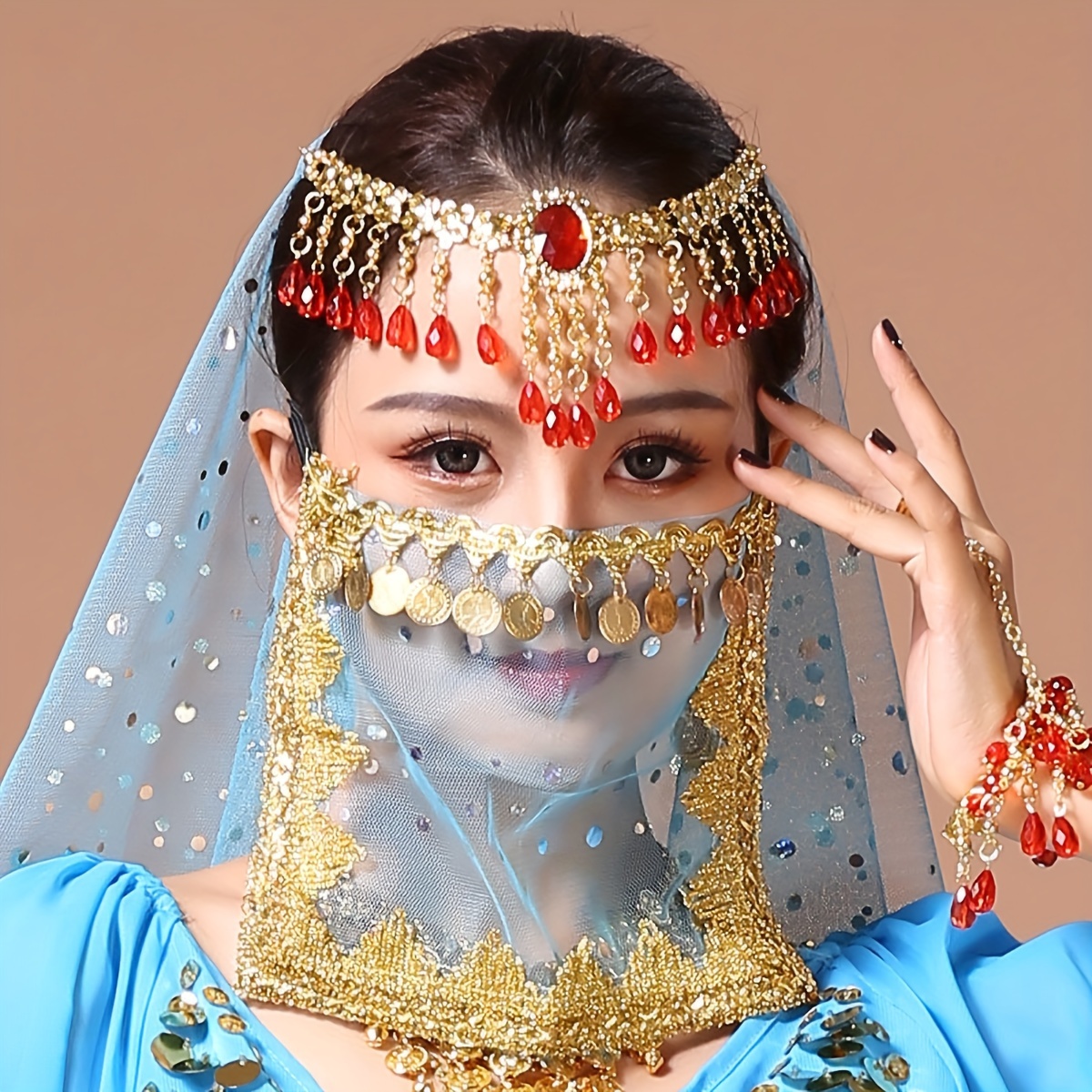 Performance Face Mask Belly Dance Coin Face Covering Veil Exotic Western Cospaly Dance For Women details 3