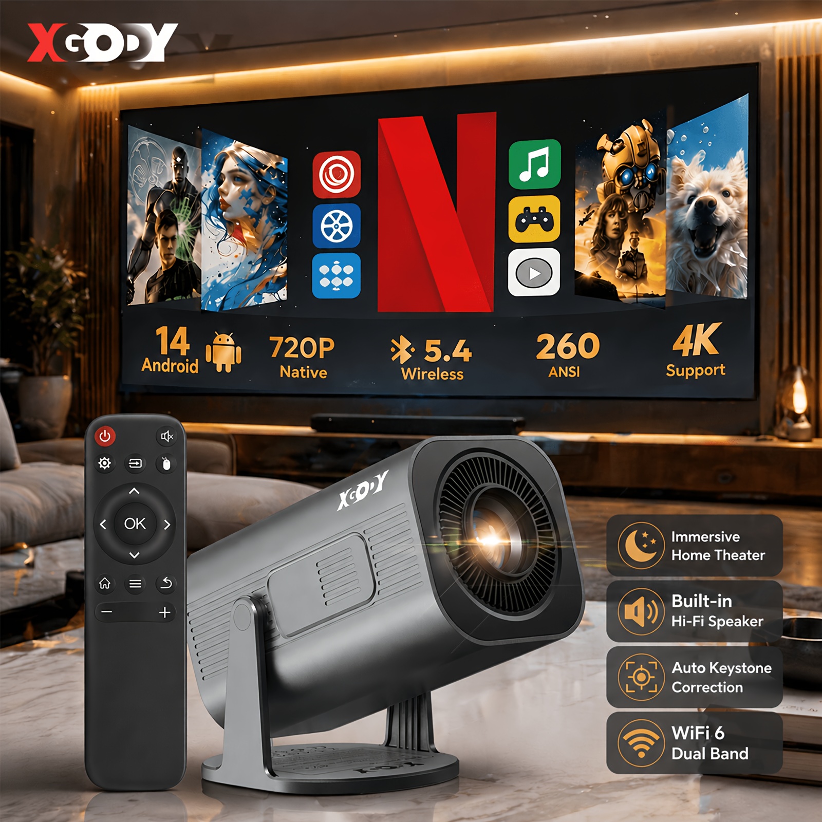 Image of Xgody Portable Projector, With 14, Dual Wifi6, 260ansi Brightness, Local 1280x720p Hd, 4k Support, , One-hand Operation, Flexible 180° Projection Angle, Home Theater Mini Projector