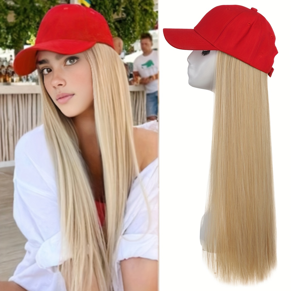 

Women's Red Baseball Cap With Golden Blonde Wig, Synthetic Wig, No Lace, Straight Hair, , High-temperature Silk, Ladies Hair Accessories