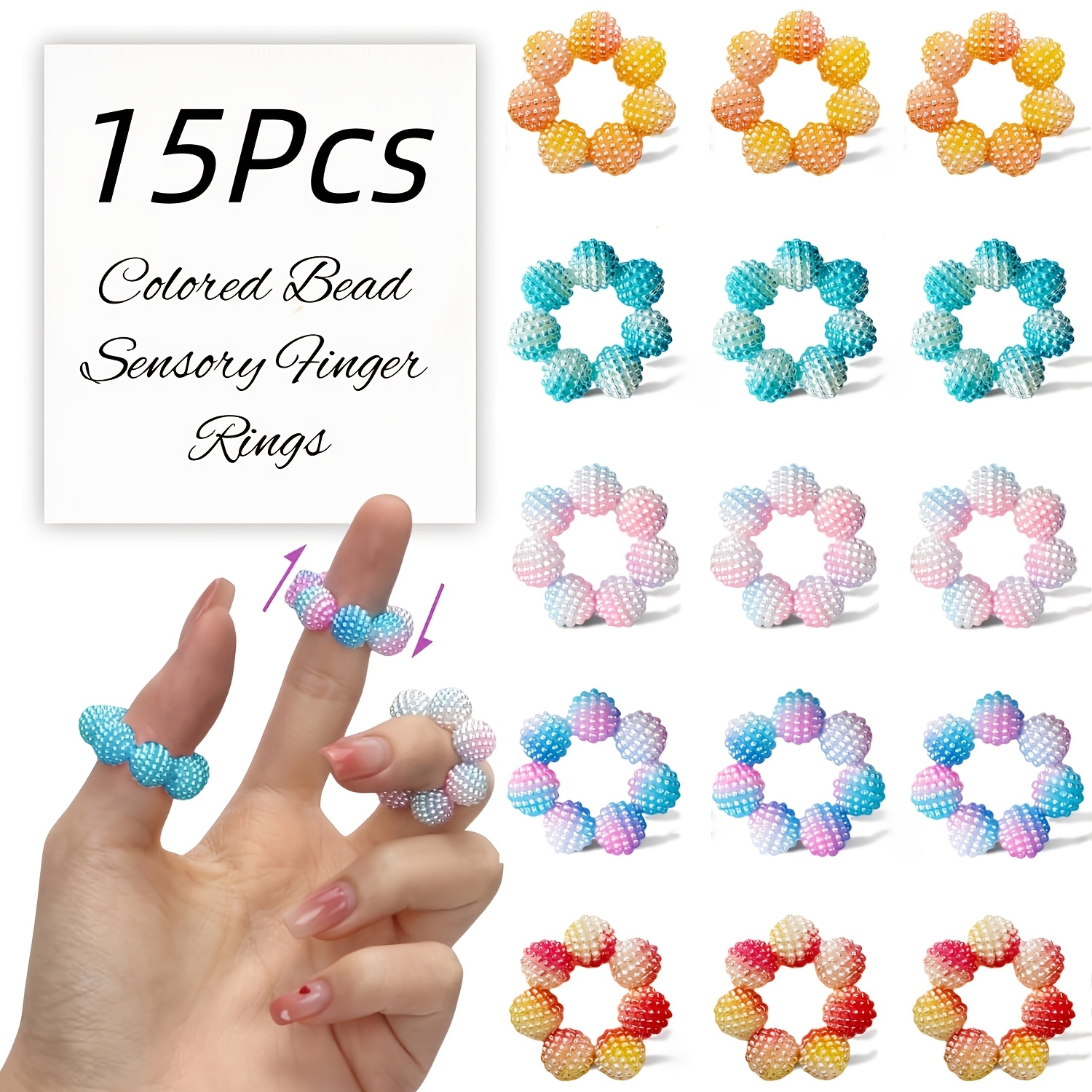 Image of 15pcs Colored Bead Sensory Finger Rings | Adjustable, Multicolor, Anxiety Calming, For Finger Massage, Suitable For Office Workers, Made Of Plastic