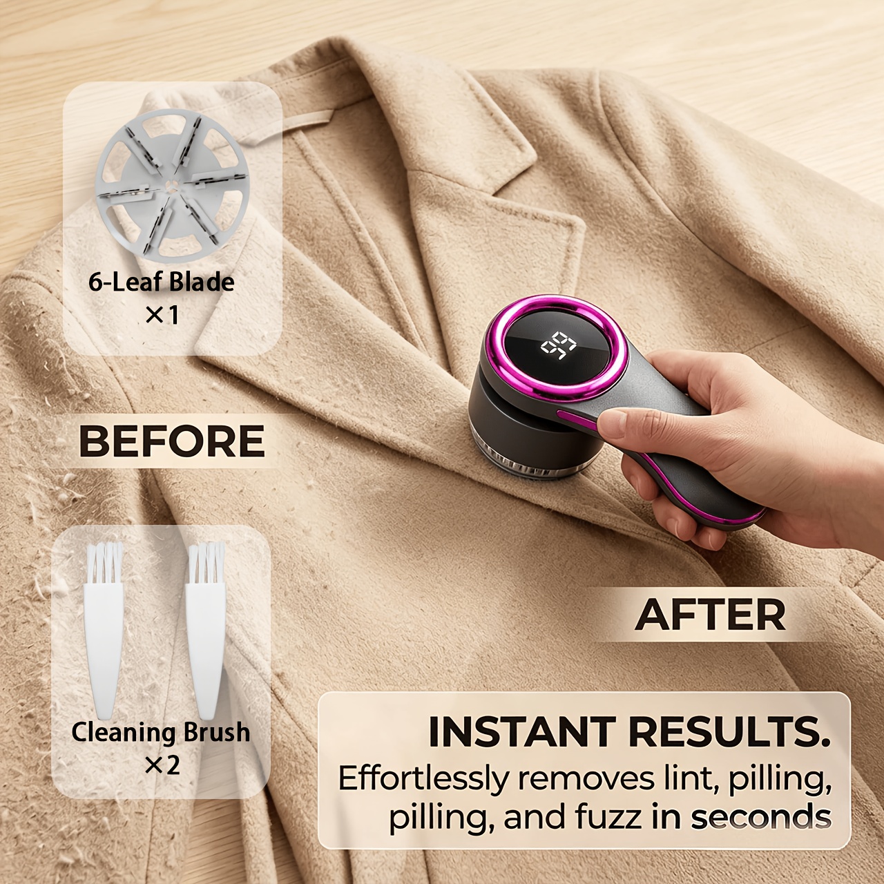 TEMU Usb Rechargeable Lint Remover, Portable Fabric Shaver With Digital Battery Indicator, 2 Pre-installed And 1 Spare Blade, 2 Cleaning Brushes, For