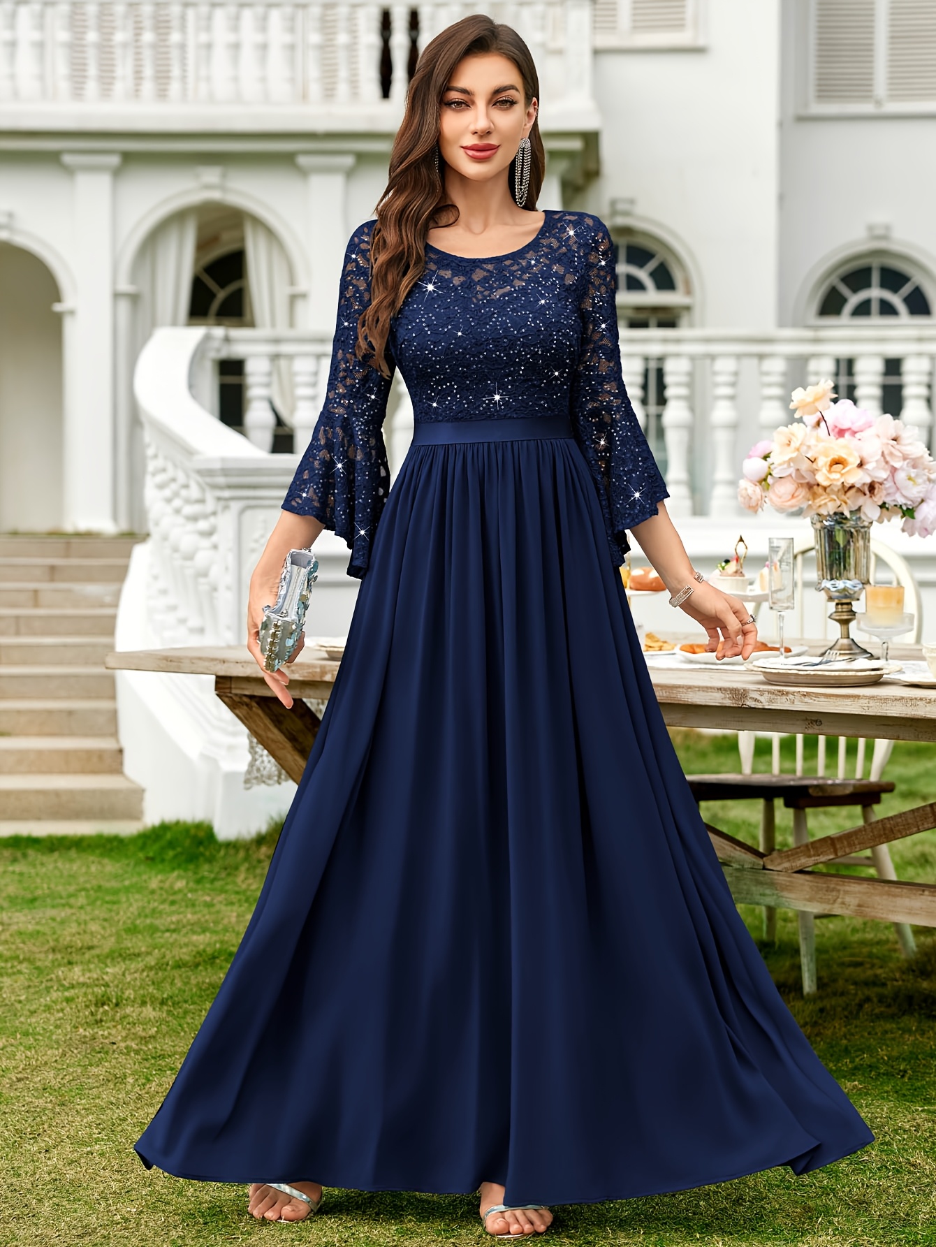 chinese dress ladies Floral Flounce Sleeve Midi Dress Teal / M