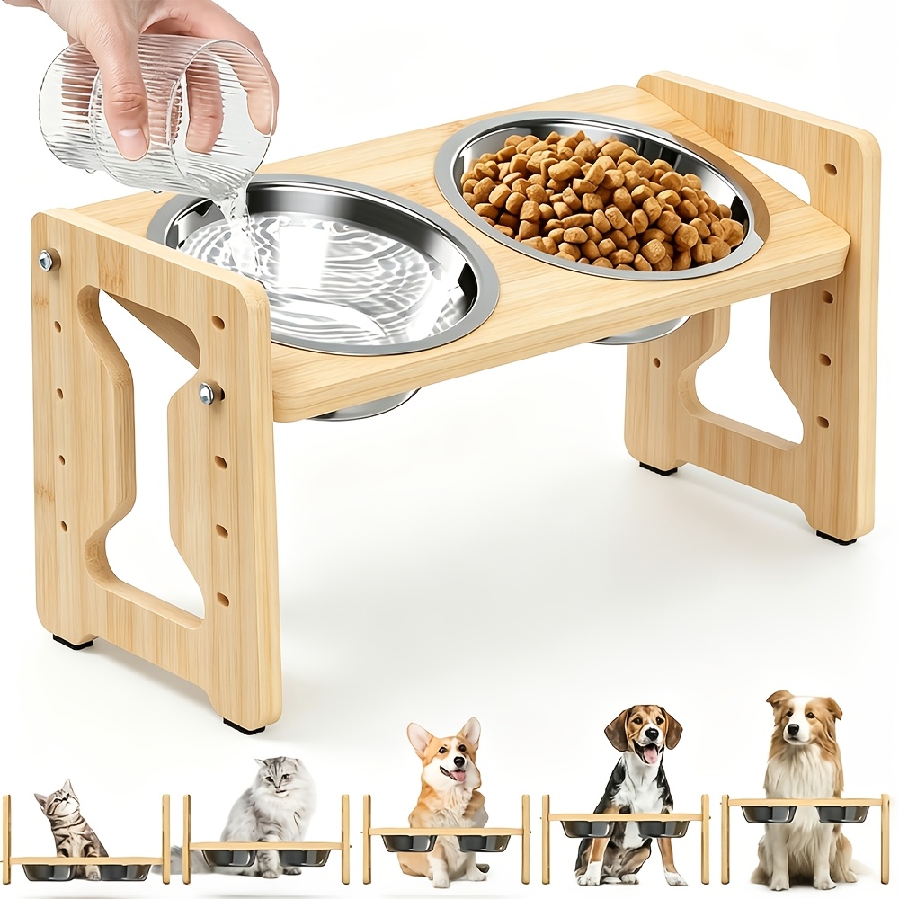 TEMU Elevated Cat Bowls, Raised Pet Feeder, Adjustable Height, Stainless Steel Water Food Bowl, Cat Food And Water Dish With Wooden Stand For Medium