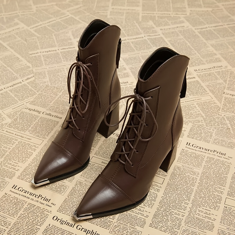 TEMU New British Style Comfortable Chunky Heel Women's Spring Autumn Metallic Pointed Toe Ankle Boots High Heels Boots Petite Women's Boots, Women