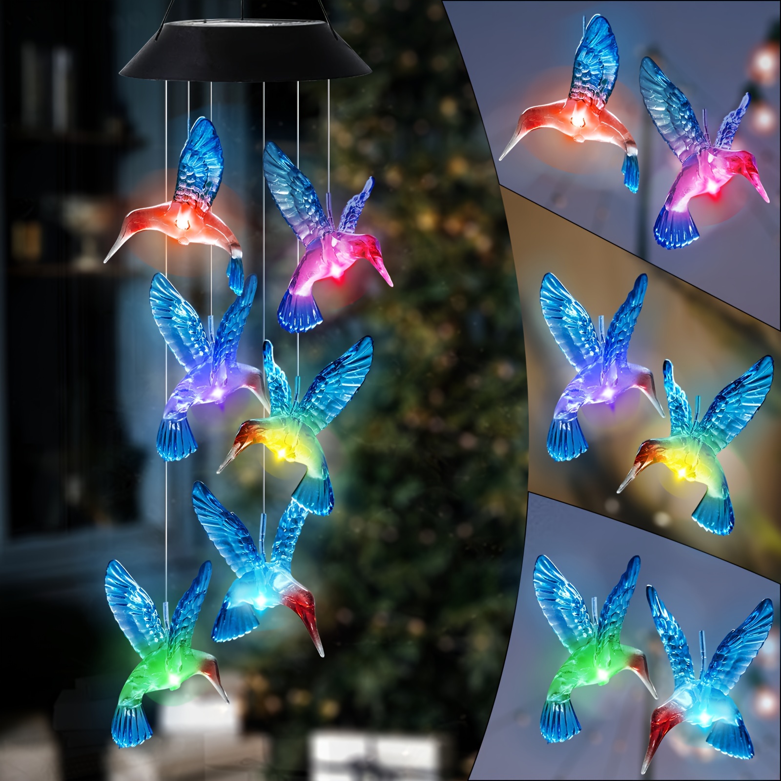 1 pieza de campanillas de viento solares LED con colibrí, luces solares LED que cambian de color, regalos de cumpleaños para mujeres, regalos de jardín para mamá y abuela, campanillas de viento conmemorativas para el Día de la Madre