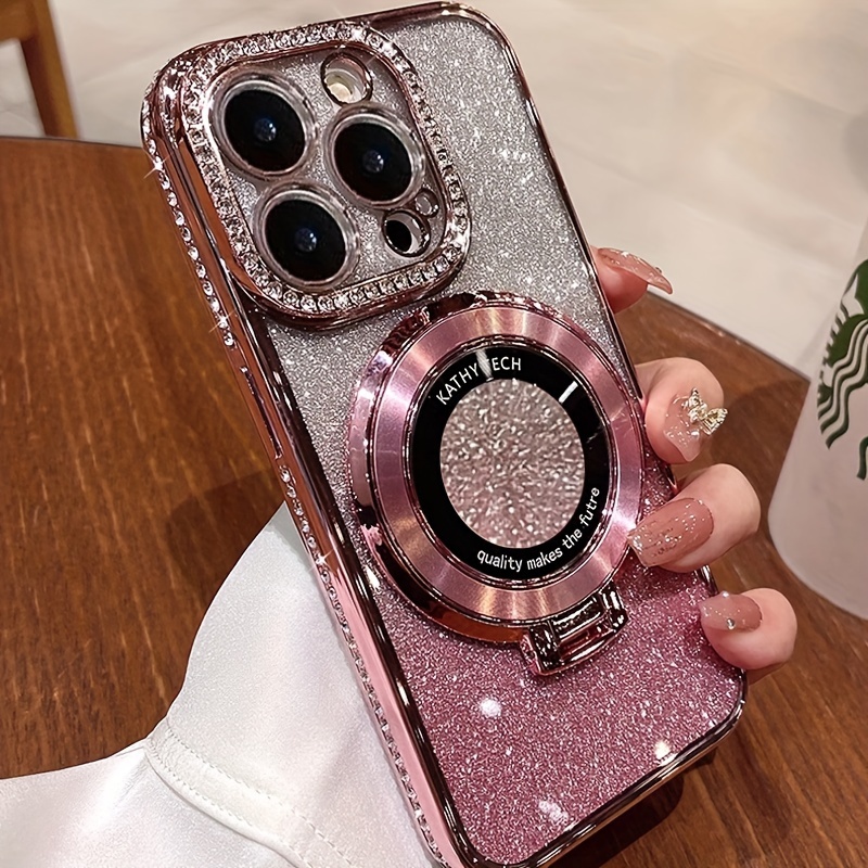 

Phone Case With Magnetic Stand For Iphone 15 Pro Max Case, Built-in Camera Lens Protector Glitter Bling Payment Method & Soft Tpu Bumper Safeguard Cover