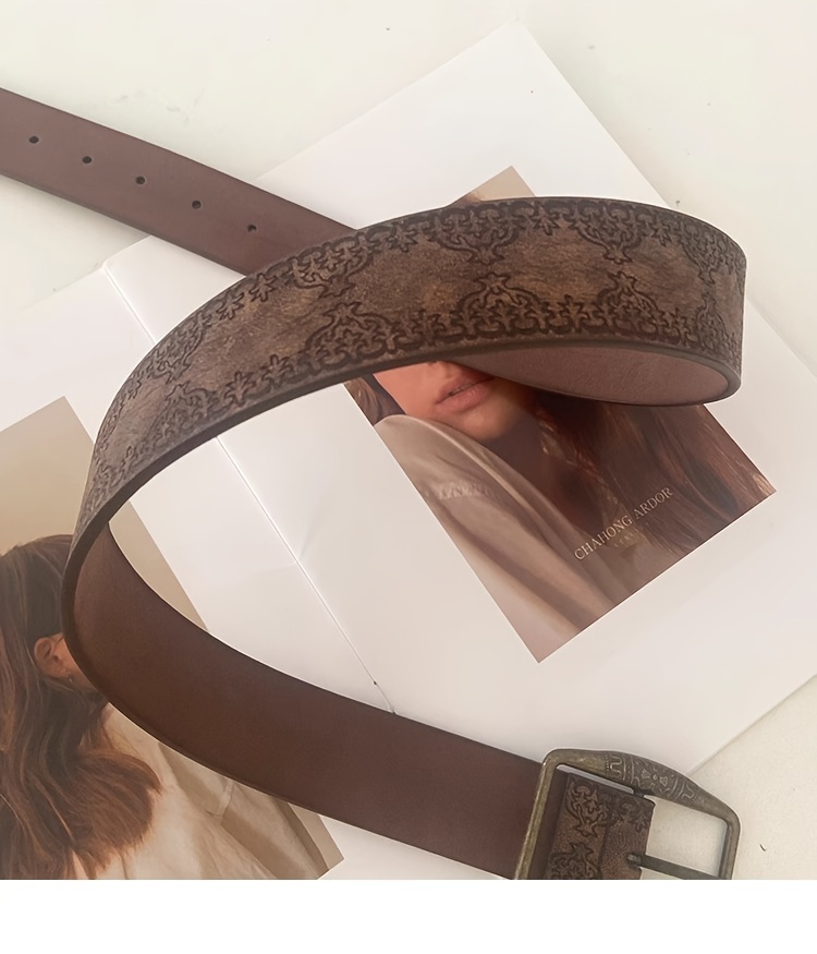 vintage western embossed brown pu leather belt for women casual festival party and   details 6