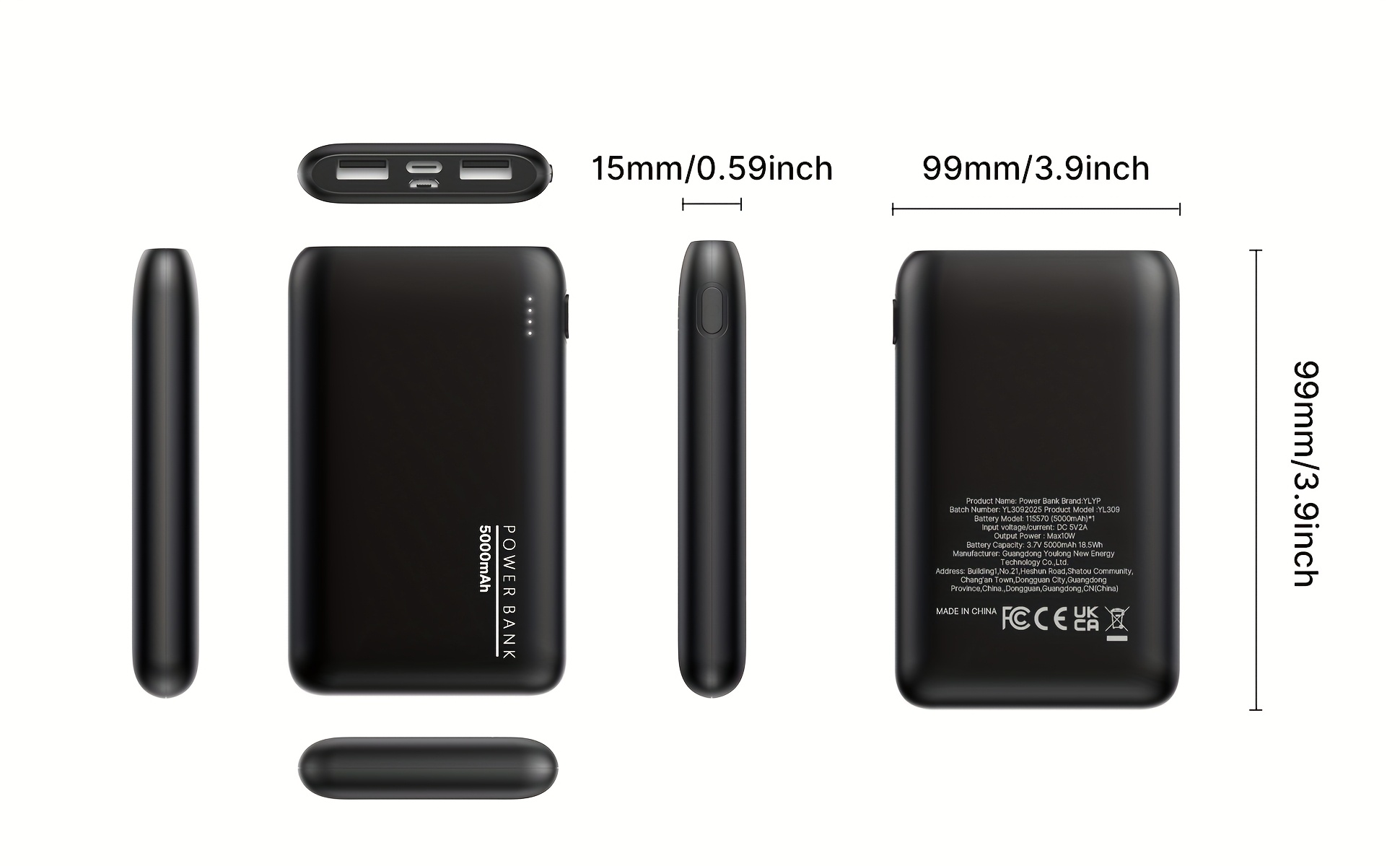 Batterie Externe Ultra-Mince 5000mAh, Chargeur Portable avec Double Sorties USB & Câble Type-C, Sauvegarde de Charge 5V2A pour iPhone et Téléphones for Samsung Android, Urgence Voyage en Plein Air, Cadeaux de Vacances (Léger & Compact)