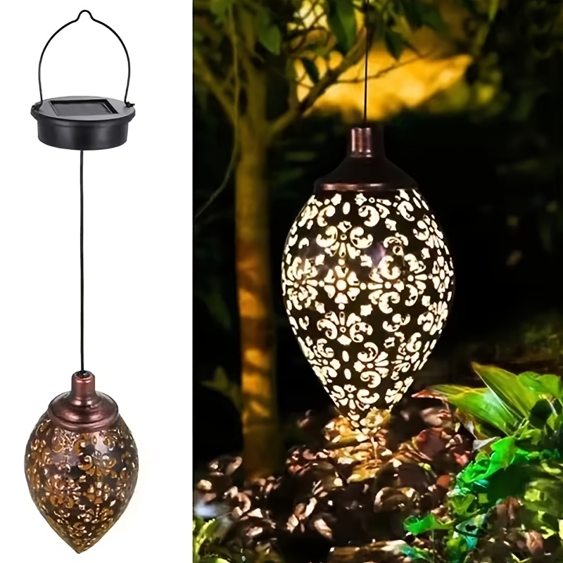 TEMU Lámpara colgante de farol de hierro hueco con energía solar IP44, luz colgante de jardín con decoración de color , adecuada para uso en