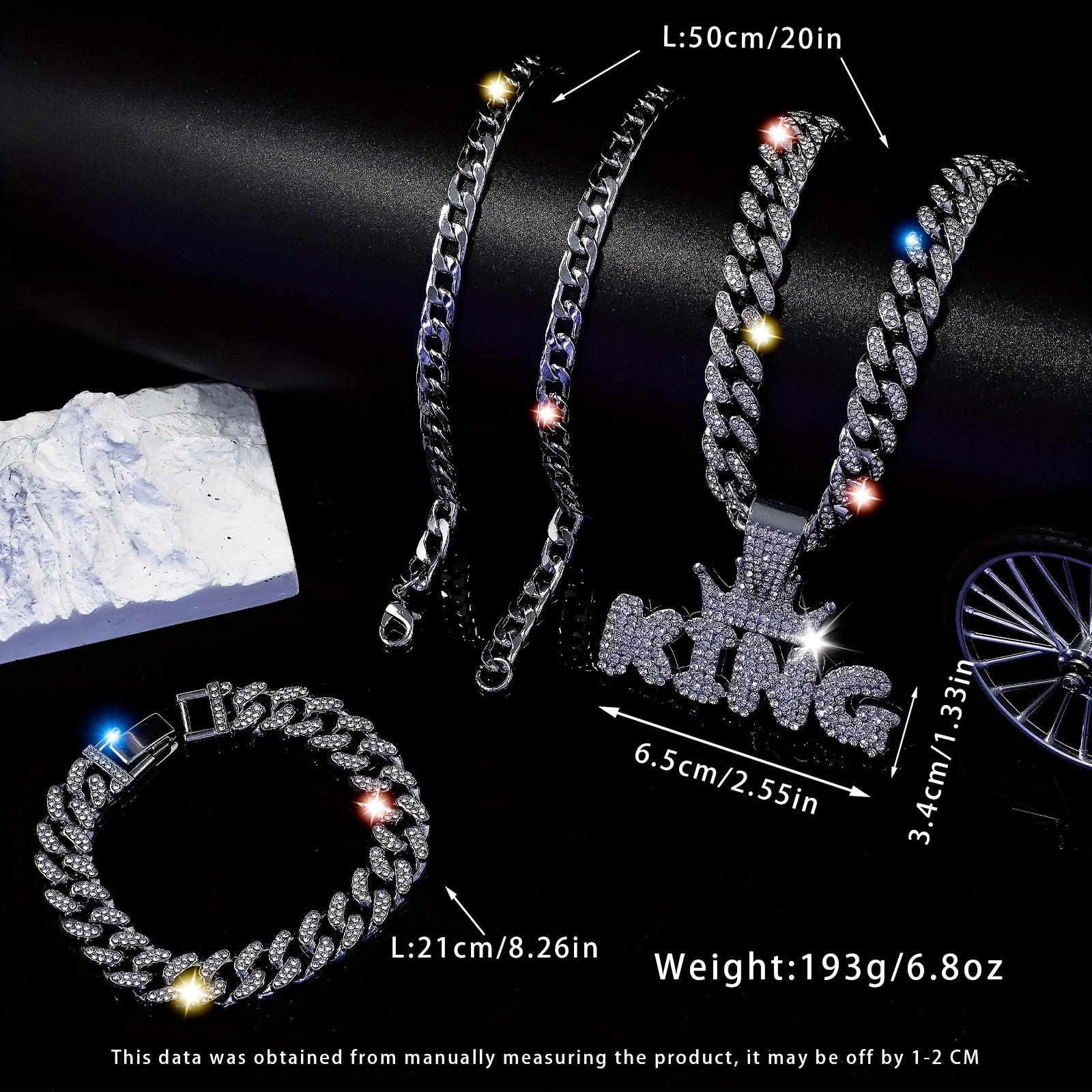 3件装 朋克嘻哈皇冠字母KING吊坠古巴链项链手镯镶嵌Rhinestones，男女通用颈饰礼品 详情 2