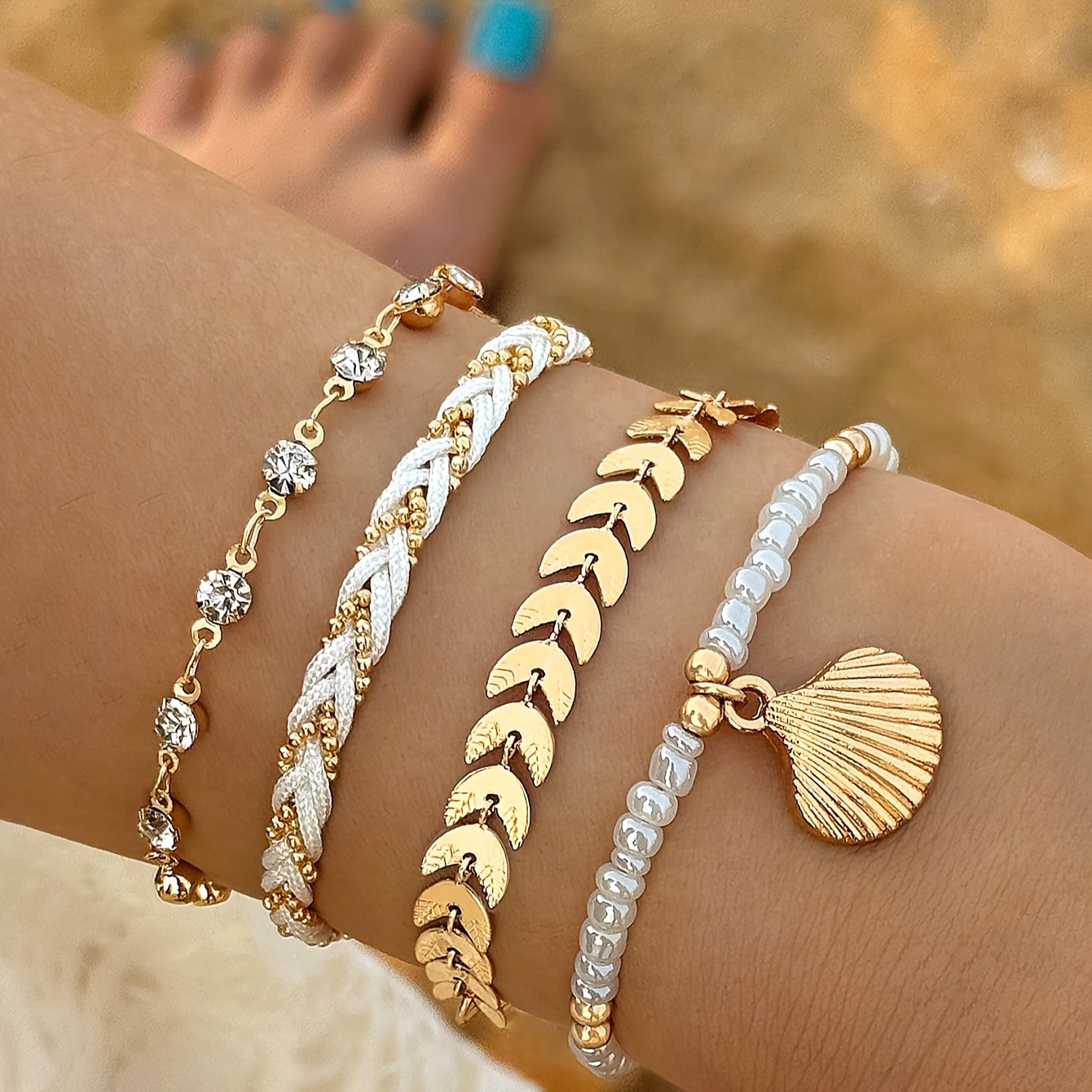 

4-piece Fashion Beach Vacation Shell Bracelets With Simplistic Airplane Chain Woven Rope For Women - Versatile Jewelry Accessories