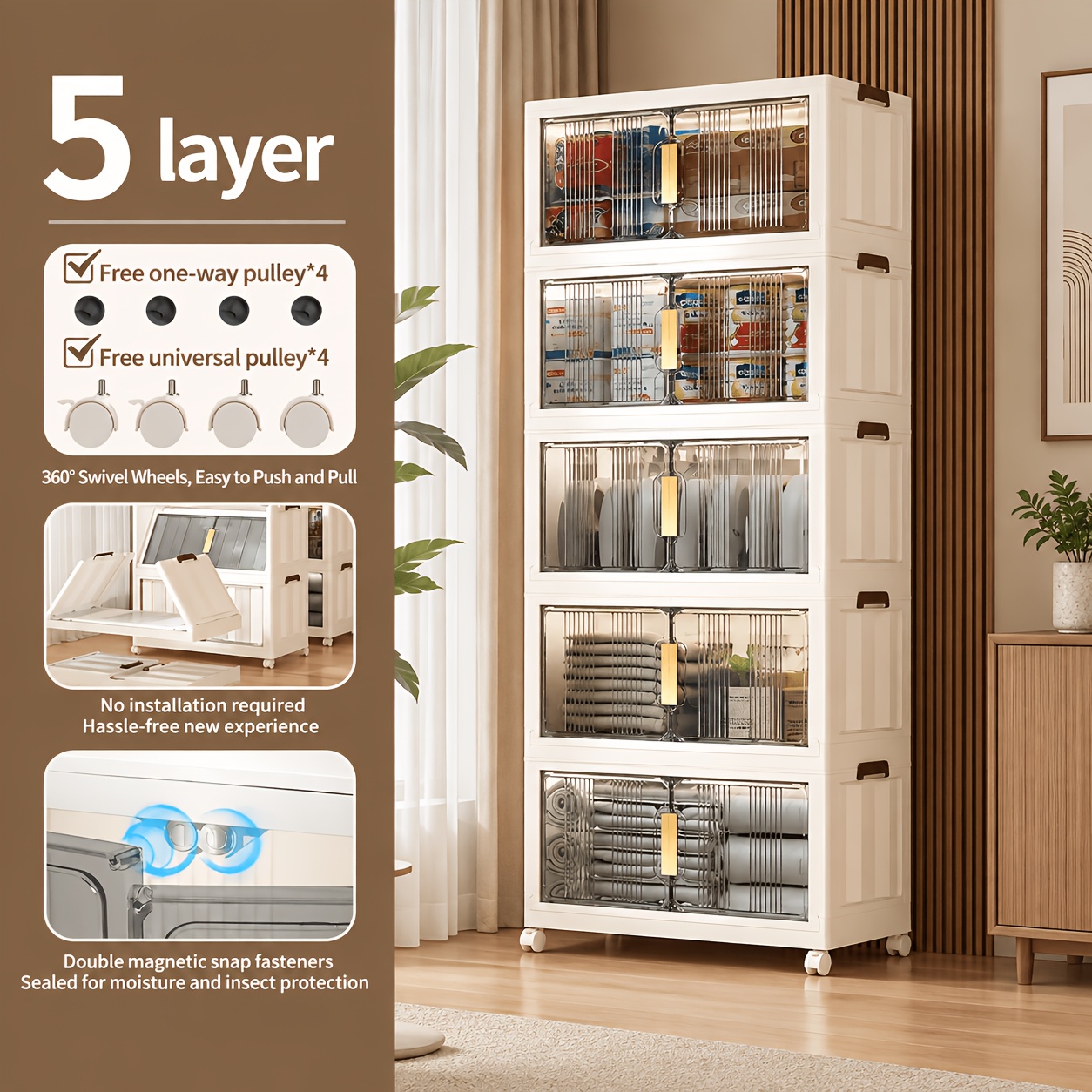 TEMU Meuble de rangement de bureau pliable extra large de 88 cm, 120,8 cm/158,8 cm/196,8 cm, organisateur empilable en plastique à 3/4/5 niveaux avec