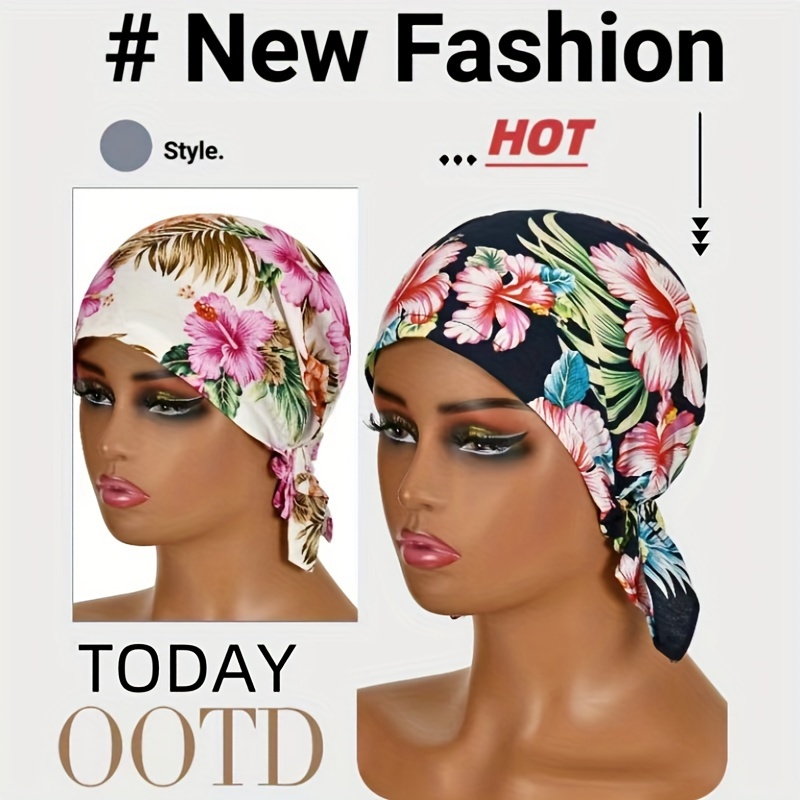 

Colorful Flower Printed Turban Hat Elastic Tie Back Chemo Hat Stylish Thin Lightweight Sleeping Hats For Women