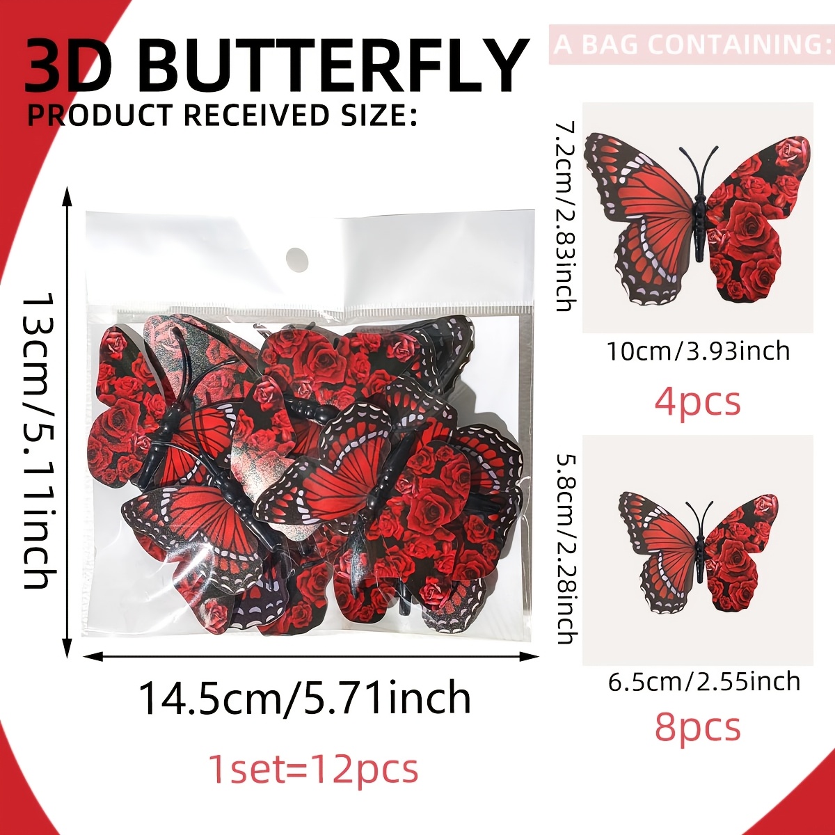 Image of A Set Of 12pcs Py9007-yj Valentine's Red Floral Three-dimensional Decorative Wall Stickers For Home Decoration, Living Room, Bedroom, Hallway, Balcony, And Courtyard, Self-adhesive And Removable