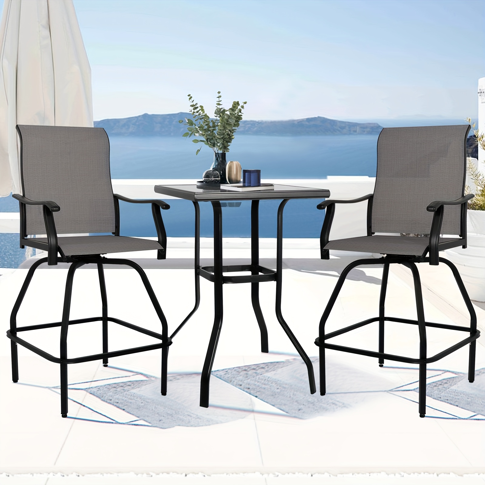 2/3/5pcs Patio Bar Set, 360° Swivel Bar Stools, Outdoor Bistro Furniture with High-Density Textilene Fabric & Heavy Duty Metal Frame, High Top Table And Chair Set for Balcony, Poolside, Garden & Backyard