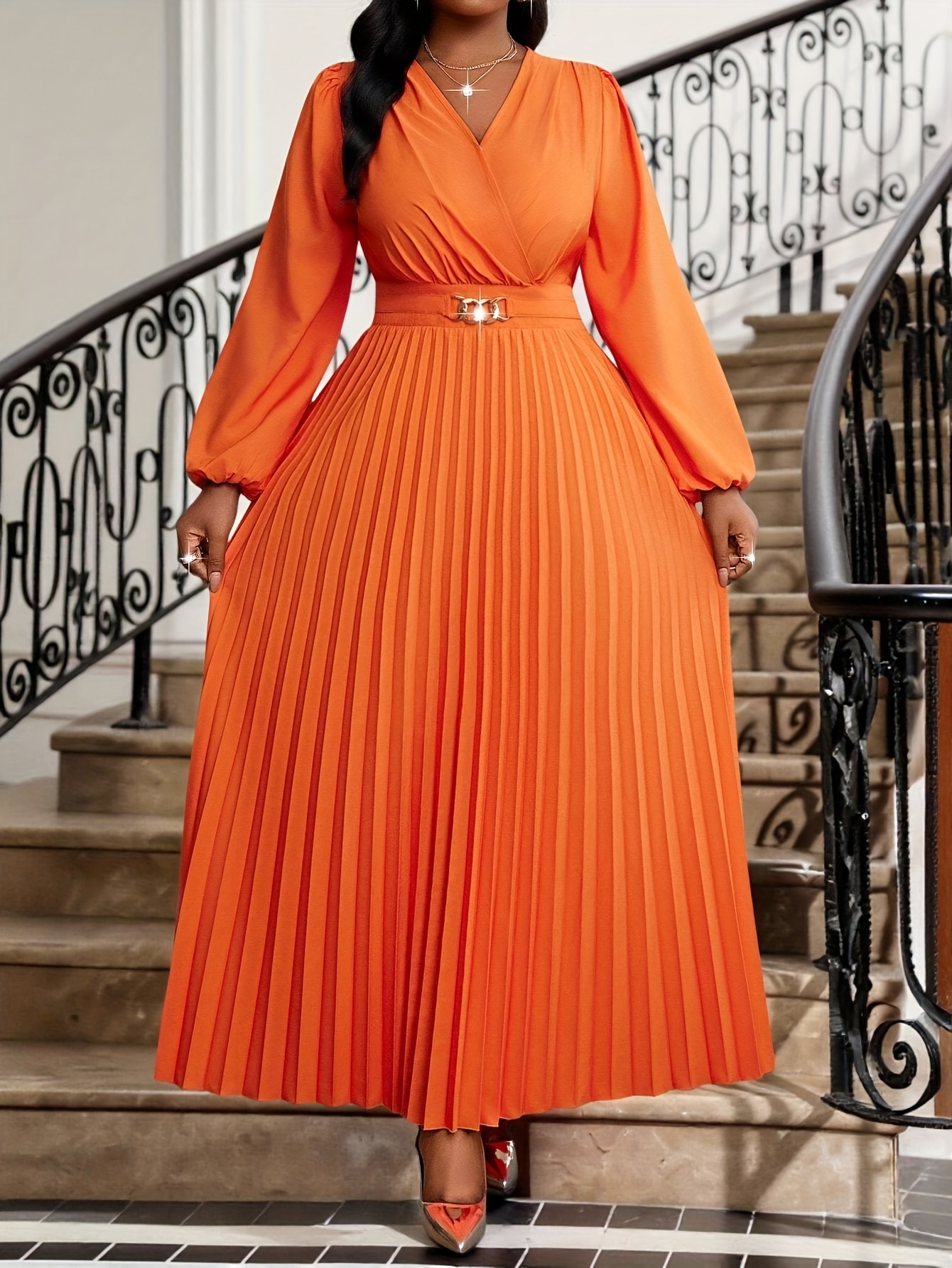 Plus Size Women'S * Elegant Cinched V-Neck Ruched Long Sleeve Midi Dress