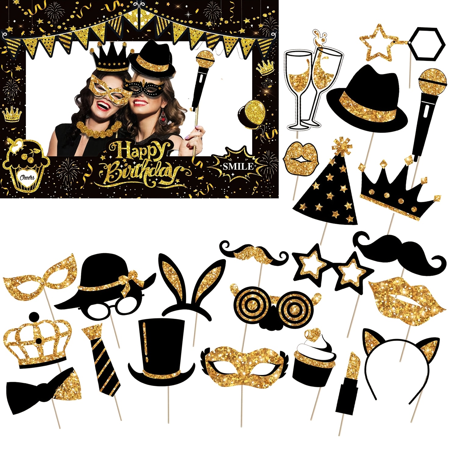 TEMU 23 1pc Party Photo Booth Props Black Golden Rose Disco Graduation Dance Decoration Crown Bow Tie Glasses 23pcs Wedding Party Photo Props Set