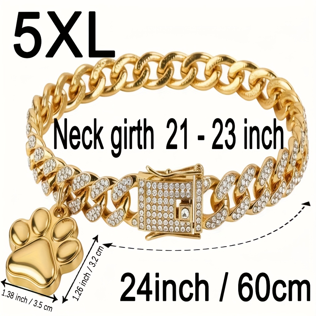 TEMU 1pc Sparkling Pet Necklace With 3d Footprint Labels, Cool Dog Collar, Cuban Chain Inlaid With Artificial Diamonds, Suitable For Small, Medium,