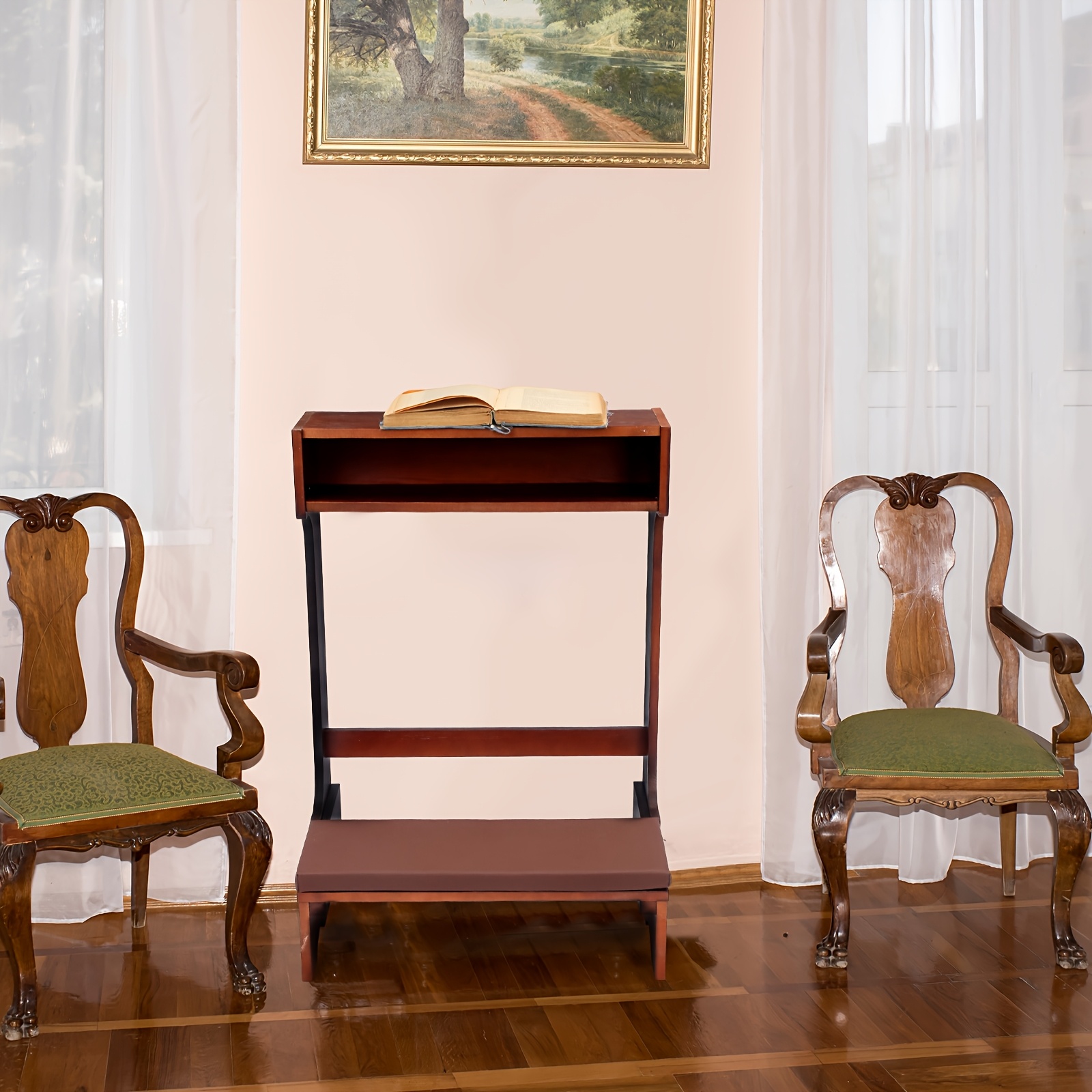 A Sturdy Wooden Prayer Stool Featuring a Shelf And Cushion, Ideal for Church Use Or Home Kneeling. This Padded Kneeler Measures 23 by 20 by 31 Inches And Makes a Thoughtful Religious Gift