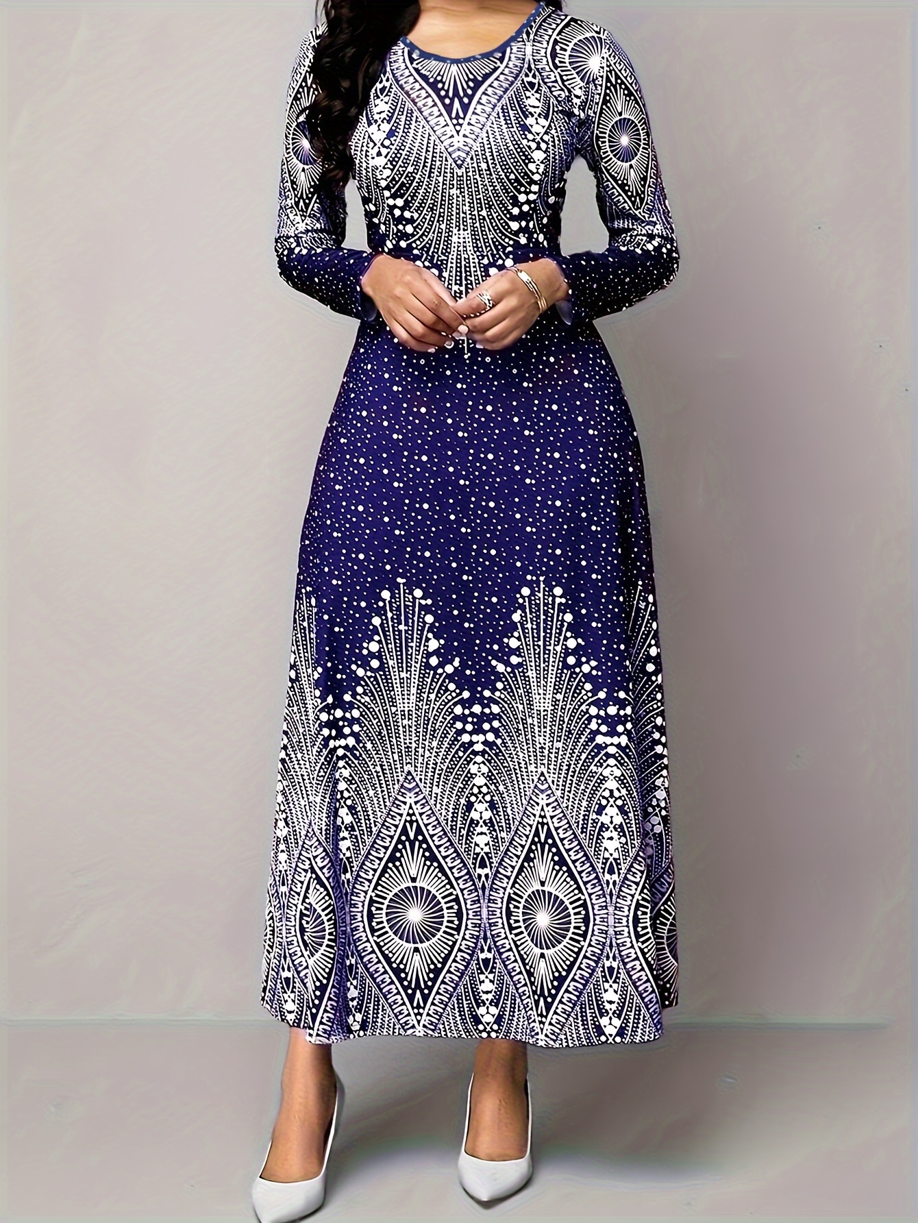 Women’s Plus Size Polka Dot Print Dress – Elegant Long Sleeve Crew Neck Midi Dress for Spring & Fall