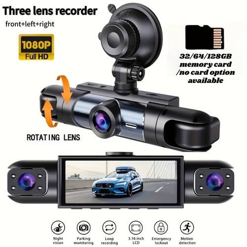 true triple channel 1080p fhd front 720p rear 360 omni directional wide angle recording automatic overwriting of videos 8 infrared lights no card 32gb 64gb 128gb