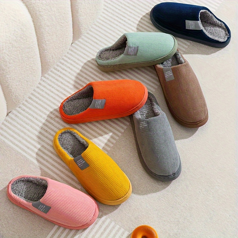 

Cozy Striped/solid Color Slippers For Couples - Warm, Non-slip , Fall & Winter Indoor Comfort
